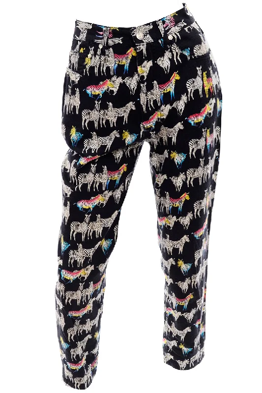 1990s Versace Jeans Couture Black Pants w/ Ombre Rainbow Zebra Print