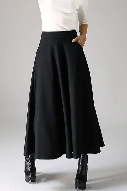 Black wool skirt maxi skirt women skirt 1088#