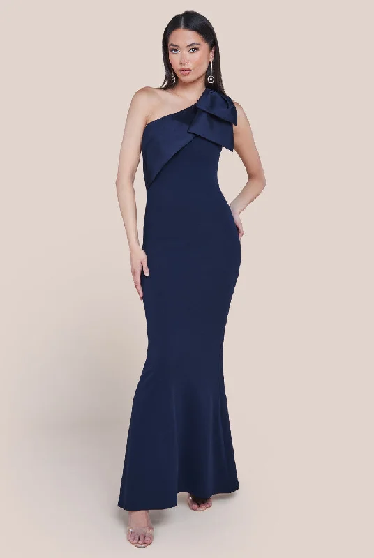 Goddiva One Shoulder Satin Bow Scuba Crepe Maxi Dress