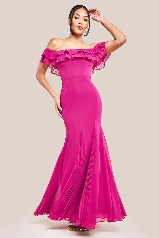 Goddiva Frilled Off The Shoulder Pleated Chiffon Maxi Dress