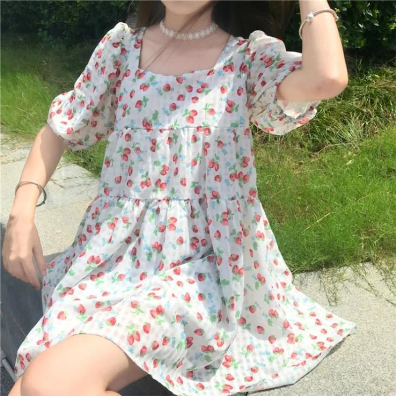 Women's Cute Strawberry Printed Square Collar Dresses